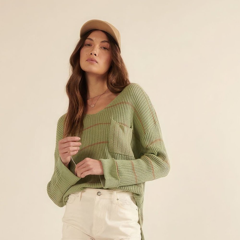 Striped Rib-knit Oversized Pocket Sweater